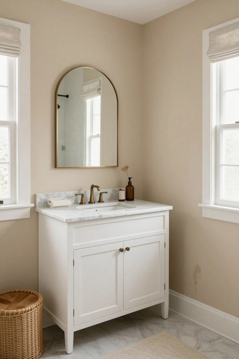Soft beige walls surrounding a white bathroom vanity with brass faucet and arched mirror