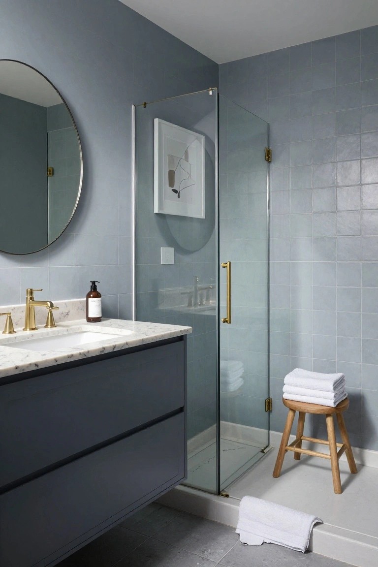 Bathroom featuring soft blue walls with a glass shower enclosure and gold hardware.