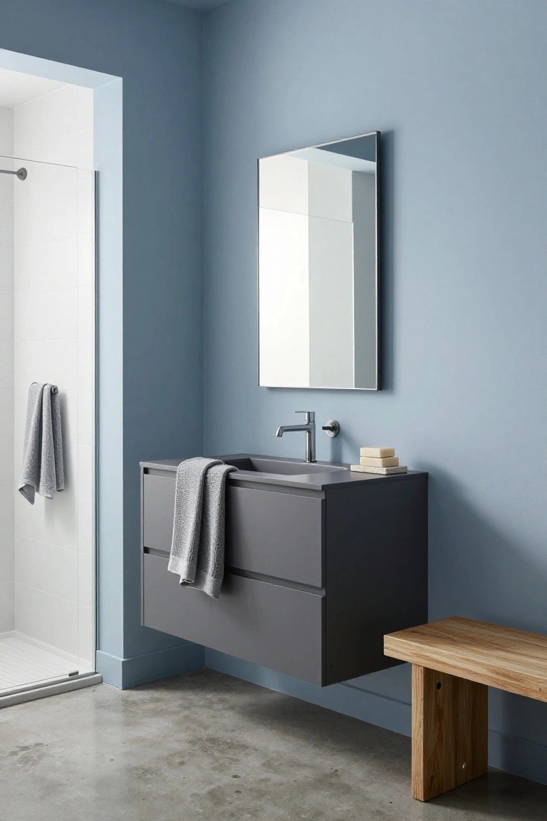 Pale blue-gray walls in a simple bathroom with floating gray vanity and wood bench.