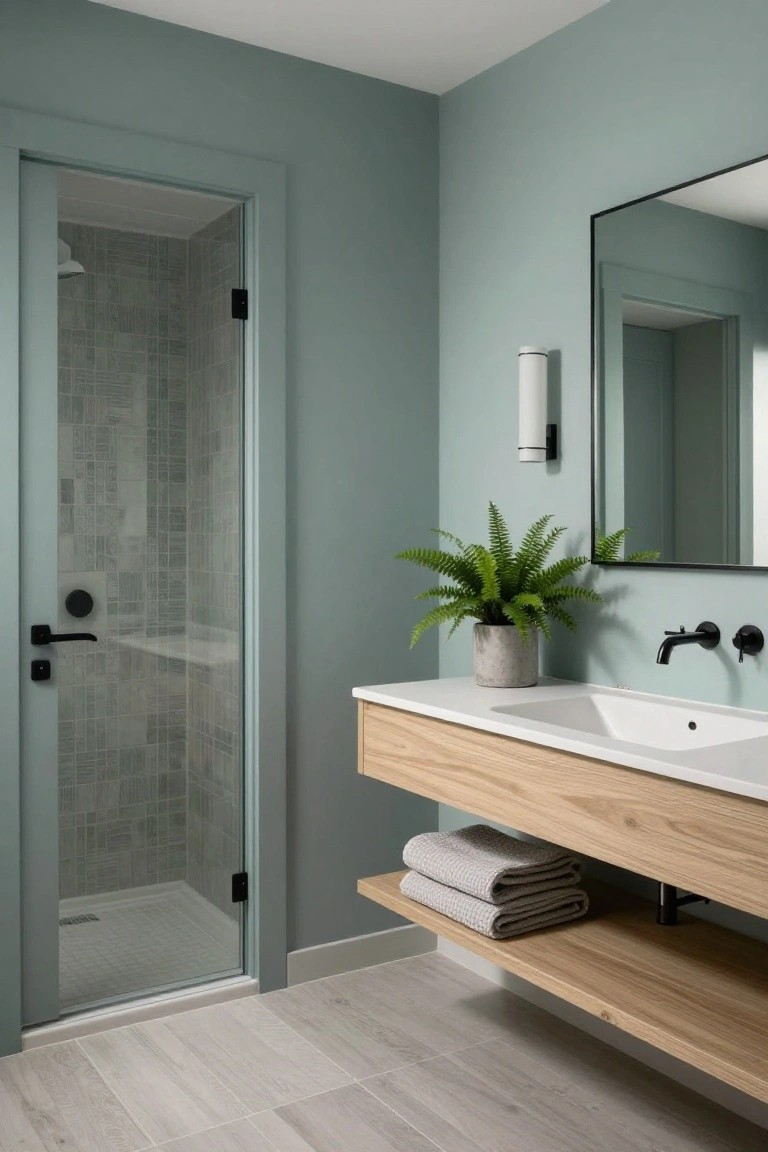 Bathroom featuring soft blue-green walls beside a wood vanity and glass shower.