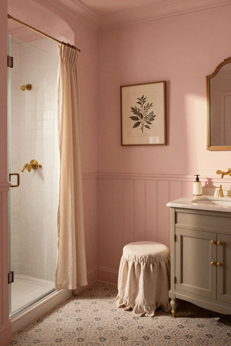 Bathroom featuring soft blush pink walls with gold shower hardware and a greige vanity.