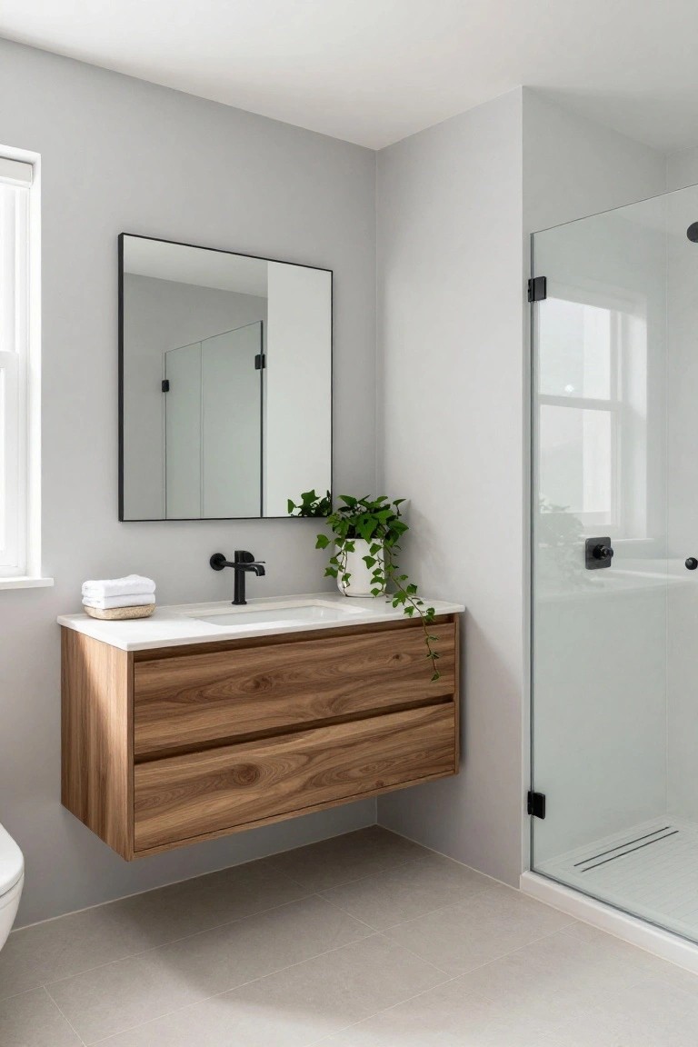 Light gray walls in a bathroom with floating wood vanity and glass shower enclosure.