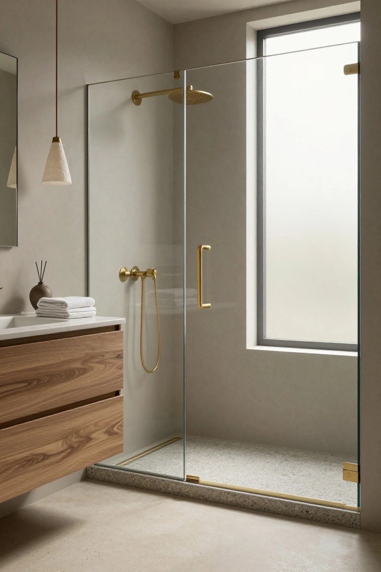Soft greige walls surrounding a glass shower and wood vanity in a bathroom.