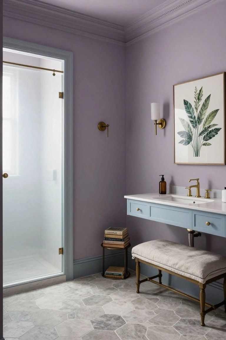 Pale lavender walls in a bathroom with glass shower, blue vanity, and brass accents