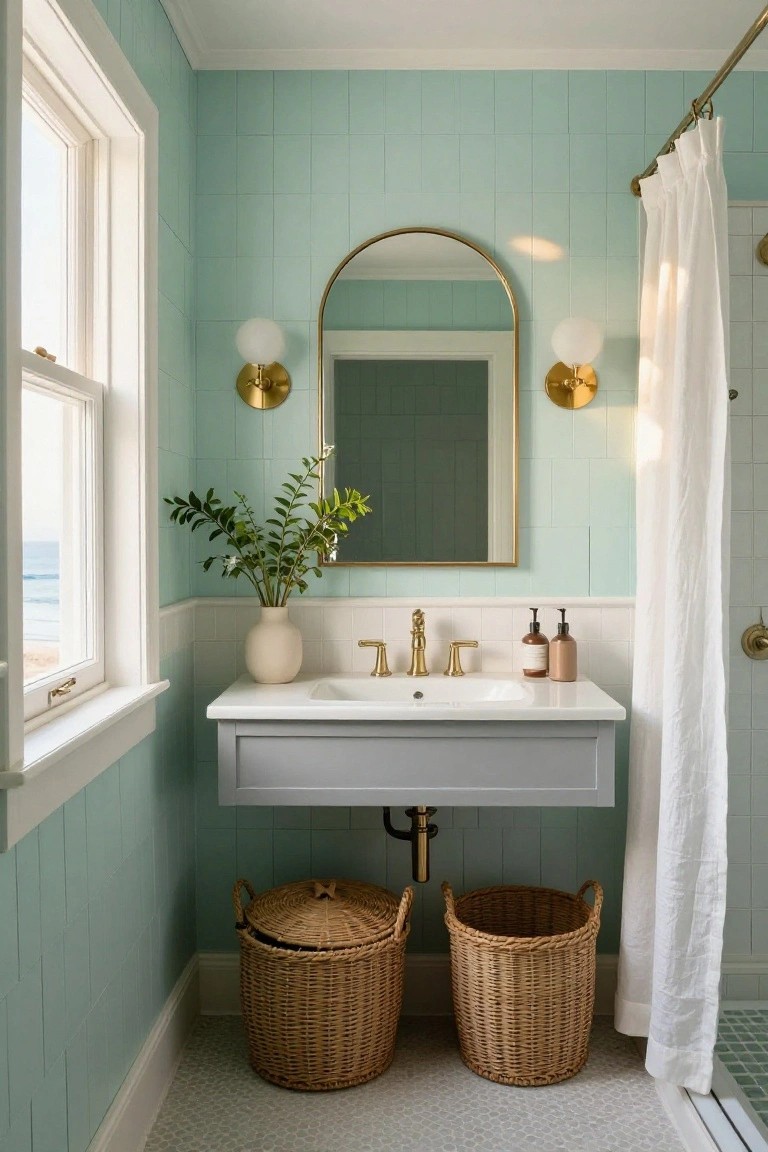 Small bathroom featuring soft mint green tiled walls with white wainscoting and brass accents.