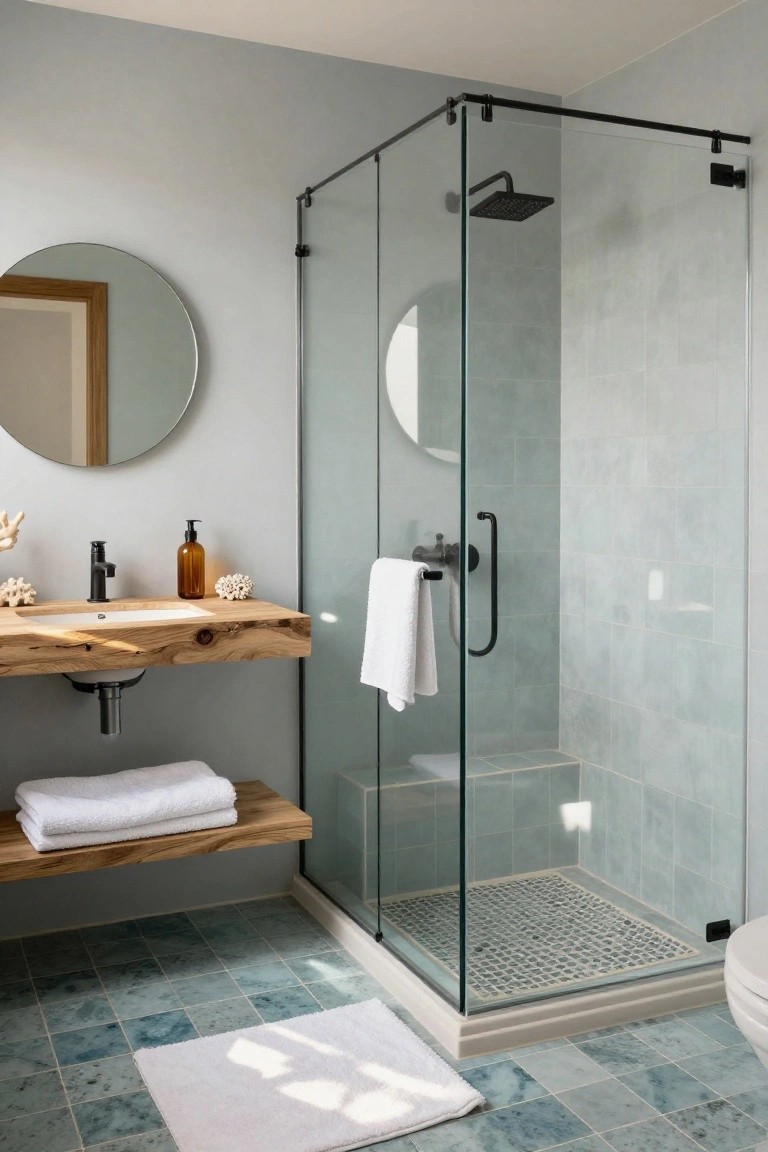 Pale blue walls in a bathroom with wood vanity and glass shower enclosure