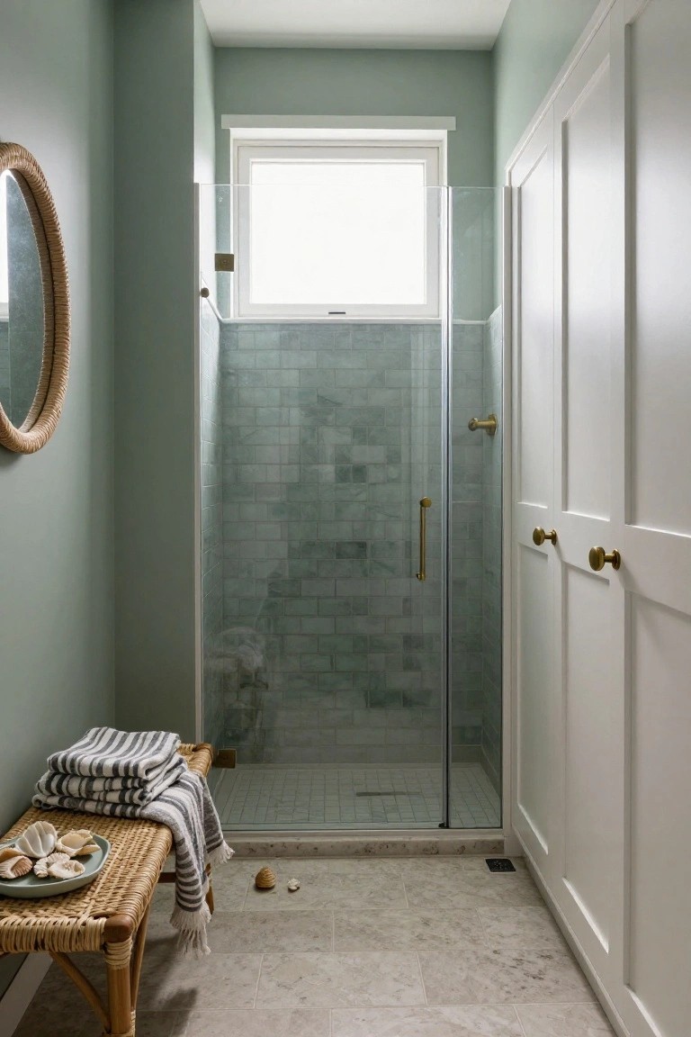 Pale sage green walls in a compact bathroom with glass shower enclosure and white cabinetry.