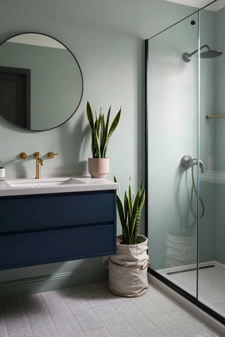 Bathroom featuring pale sage green walls with a navy floating vanity and glass shower enclosure.