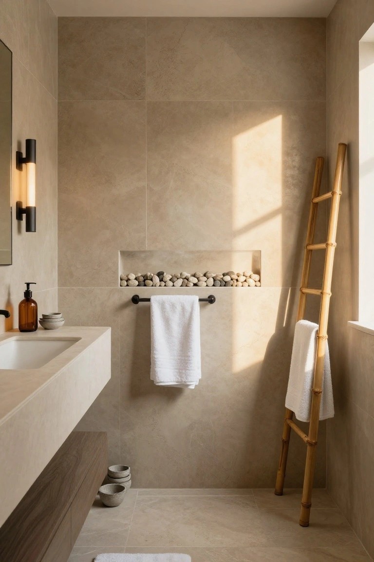 Bathroom with warm beige walls, floating sink, and bamboo towel ladder.