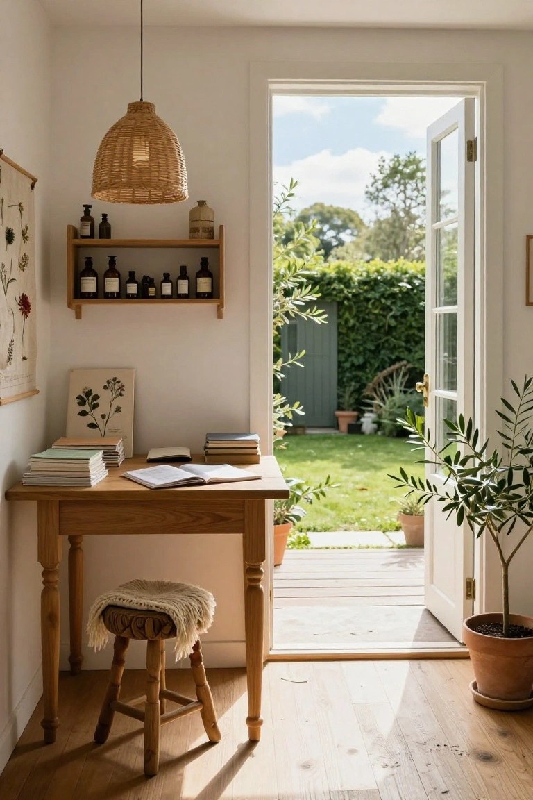 Small wooden desk and stool in a white-walled room with open French doors to a green garden, rattan pendant light overhead, botanical shelf on wall, and potted olive tree nearby.