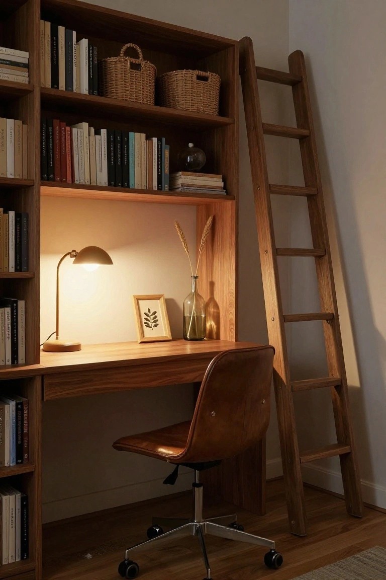 Wooden built-in bookshelves with integrated desk, leaning ladder, desk lamp, potted plants, and stacked books in a cozy office corner.