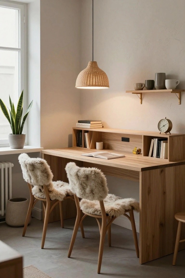 Wooden desk with built-in shelves and cubbies holding books and a mug, flanked by two chairs covered in white sheepskin, snake plant by the window, rattan pendant light overhead, in a light beige room with radiator and stool.
