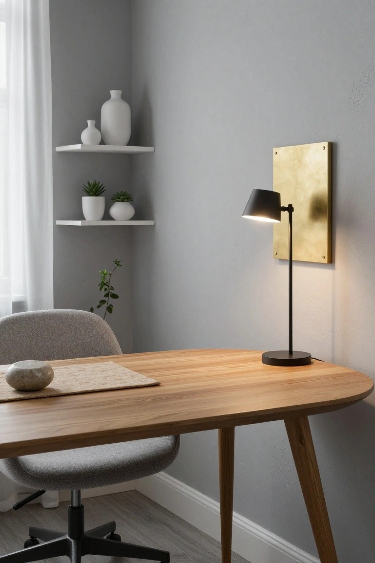 Home office corner with curved light oak desk, gray upholstered swivel chair, black desk lamp beside gold wall panel, white floating shelves holding white vases and potted succulents on gray walls.
