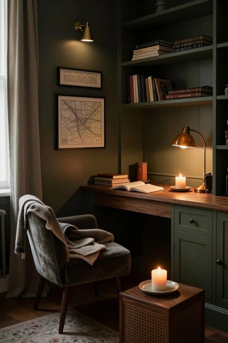 Dark green built-in bookshelves and cabinetry surround a wooden desk with open books, a brass desk lamp, and a candle in a cozy office corner with a velvet chair and side table.