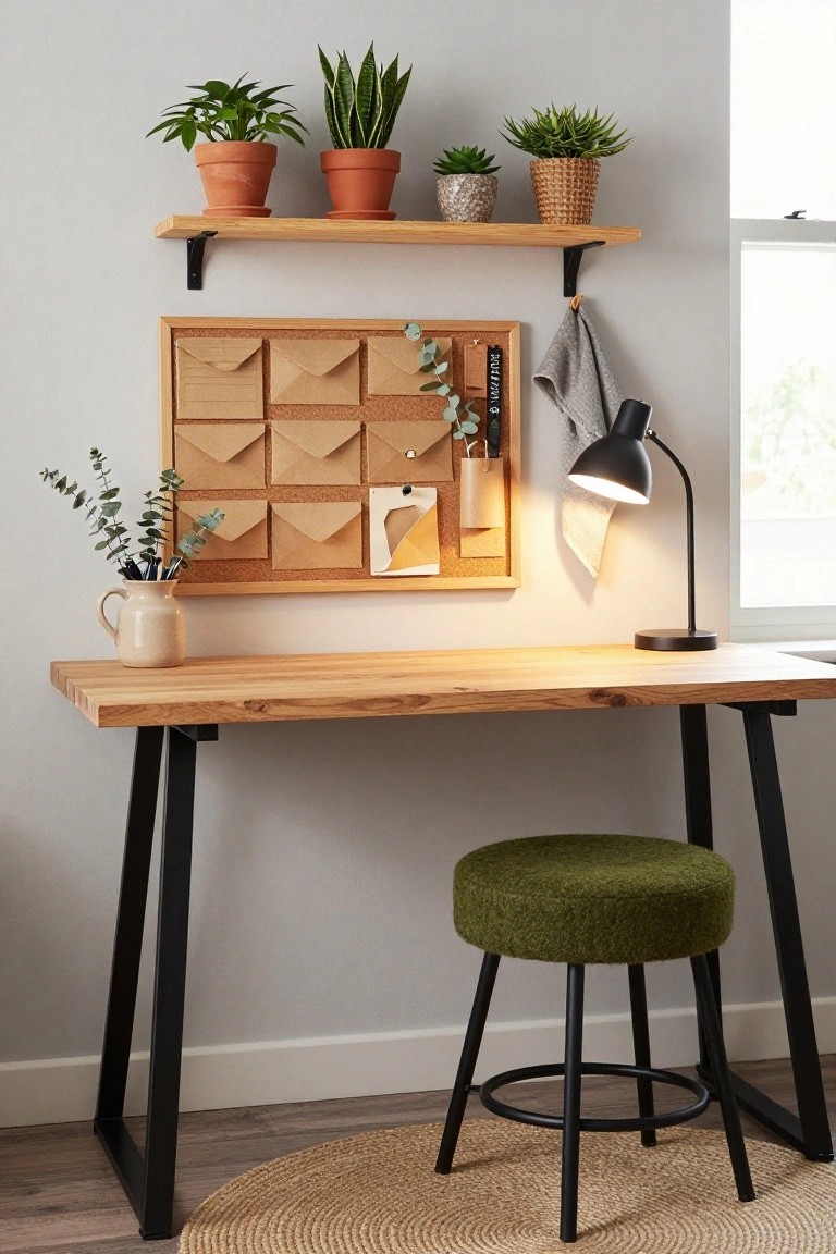 Wooden desk with black metal legs and green fabric stool in a light gray room, floating oak shelves above holding potted plants, wooden cork bulletin board with envelopes and eucalyptus on the wall, desk lamp lit nearby.