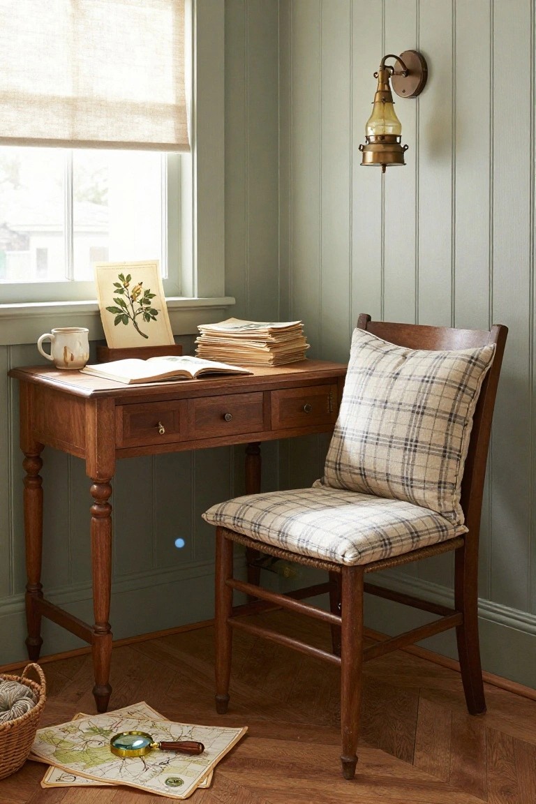 Corner of a sage green paneled room with a small wooden desk holding open books and a ceramic mug, a wooden chair with plaid linen cushion, brass oil-style wall lamp, window with linen shade, and maps with magnifying glass on the hardwood floor.