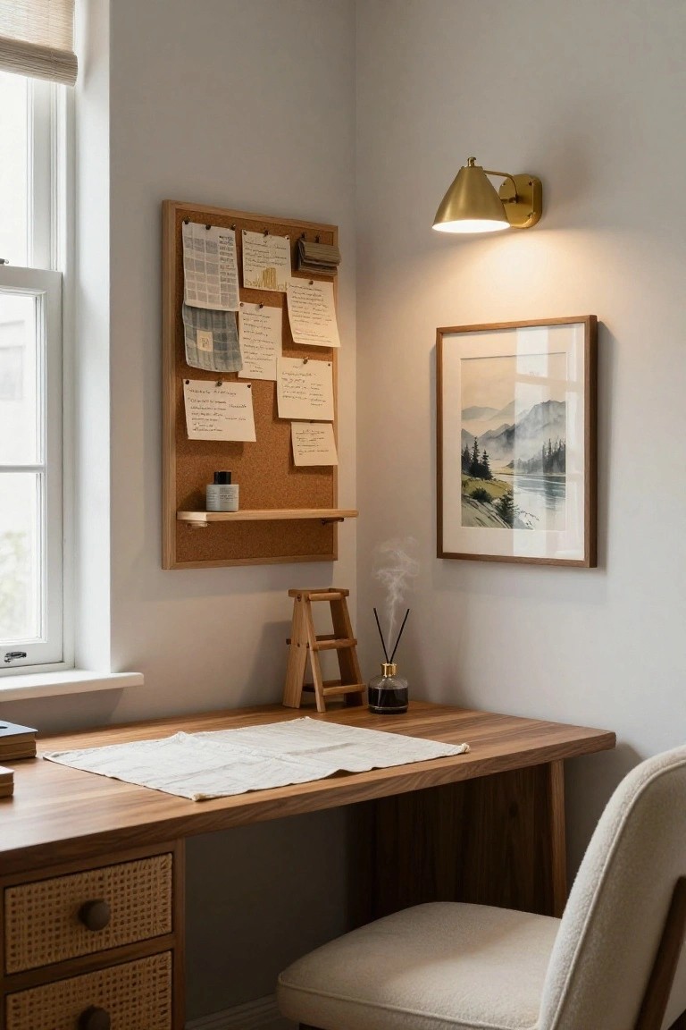 Home office corner with a light wooden desk featuring rattan-fronted drawers, cream fabric chair, corkboard wall organizer with notes and shelf, small ladder shelf, reed diffuser, and framed watercolor painting on pale gray walls near a window with bamboo shade.
