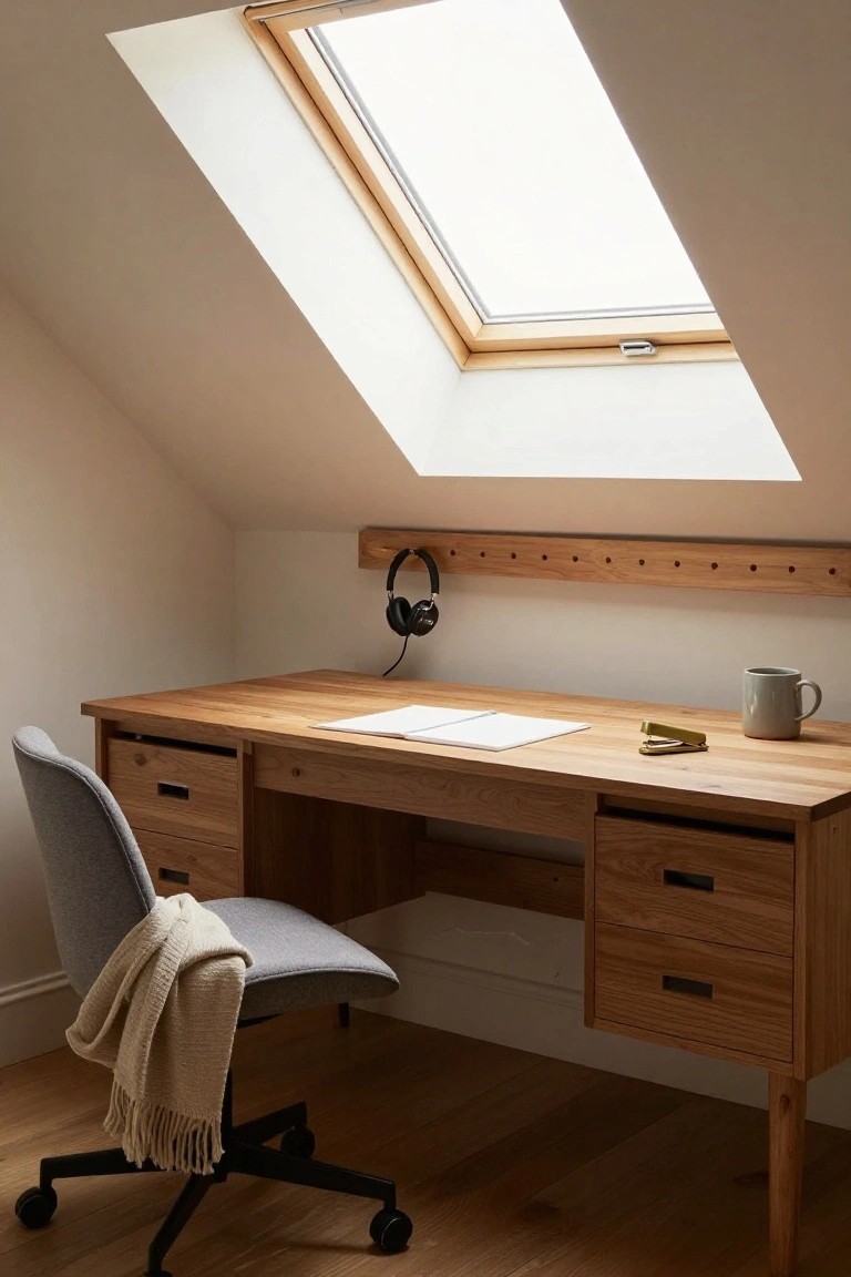 Attic home office with sloped white ceilings and skylight, wooden desk topped with paper and mug, brass stapler, gray swivel chair with cream throw blanket, wooden wall rack holding black headphones.