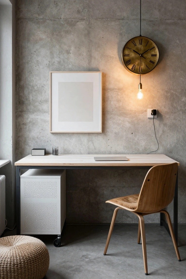 Home office featuring exposed concrete walls, a white wooden desk with laptop, black metal storage unit, wooden chair with leather seat, hanging gold clock, and woven pouf stool on concrete floor.