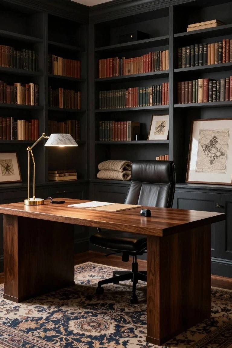 Corner home office with floor-to-ceiling dark wood bookshelves filled with leather-bound books, wooden desk topped with brass lamp and papers, black leather swivel chair, and patterned rug on hardwood floor.