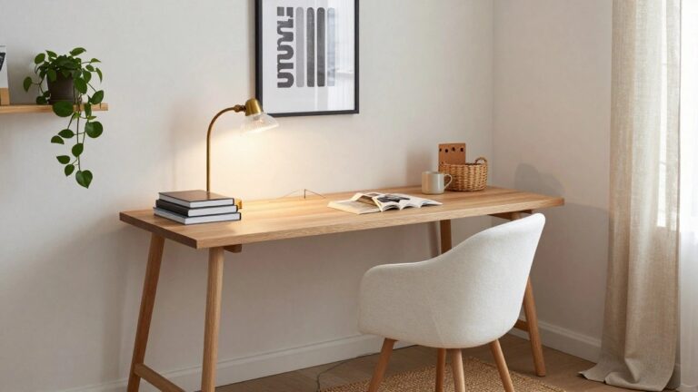 Home office corner with light oak desk and legs, white upholstered chair, stack of books, open magazine, white mug, glass desk lamp, trailing plant on corkboard shelf above, and sheer window blinds.