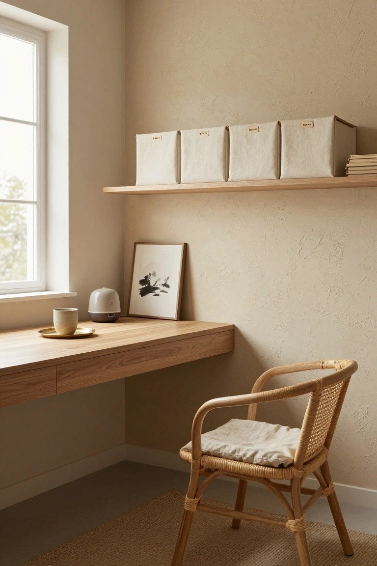 Beige corner home office with floating oak desk, matching overhead shelves holding white fabric boxes and books, rattan armchair with cushion, diffuser and cup on desk, ink artwork on wall, near a window.