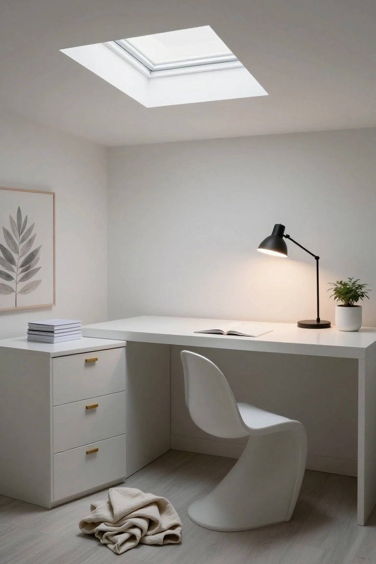 Corner white L-shaped desk with three drawers, white curved chair, black adjustable desk lamp, white potted plant, stack of white notebooks and open book on desk surface, gray leaf wall art, overhead skylight, white walls, light oak floor, and beige blanket on floor.