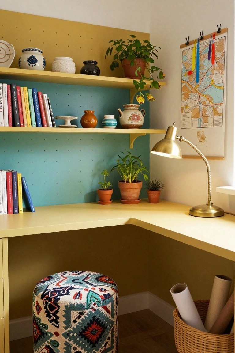 Corner mustard yellow desk with teal and yellow pegboard walls supporting open shelves of books, colorful ceramics, small potted plants, and a gold gooseneck lamp, plus a patterned pouf stool and basket of rolled papers below.