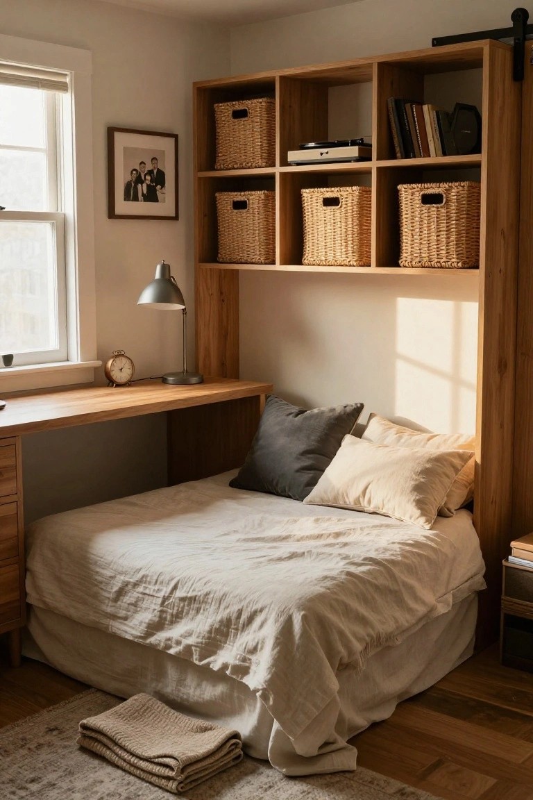Small bedroom with low wooden platform bed, integrated side desk with drawers, surrounding open shelves holding wicker baskets and books, desk lamp, clock, and window with blinds.