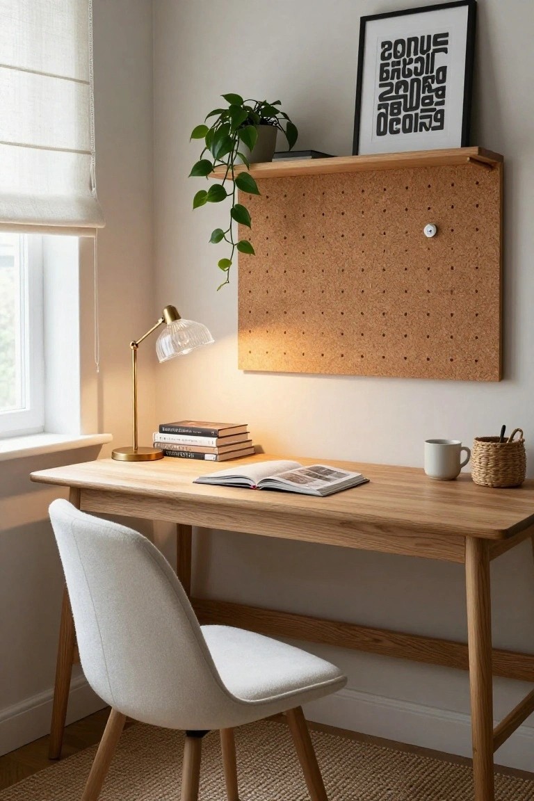 Home office corner with light oak desk and legs, white upholstered chair, stack of books, open magazine, white mug, glass desk lamp, trailing plant on corkboard shelf above, and sheer window blinds.