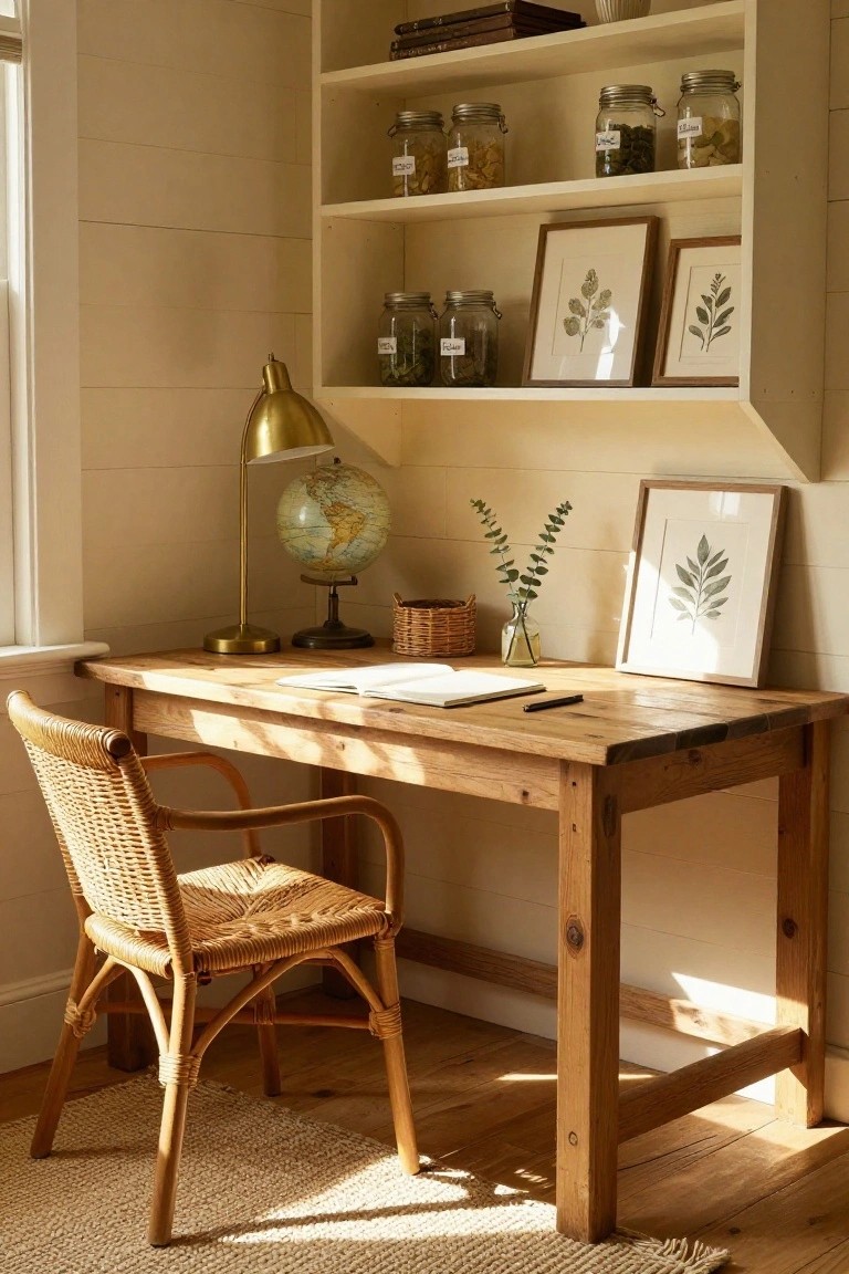 Wooden desk with rattan chair in a light beige room, open shelves above holding glass jars of herbs and foods, globe lamp, plant prints, and eucalyptus stems on the desk.