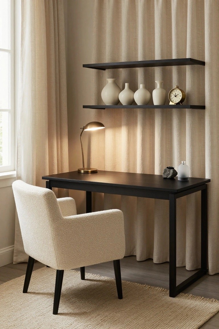 A home office with black metal-framed desk, cream bouclé armchair, brass desk lamp on the desk, floating black shelves above holding white ceramic vases and a clock, and beige linen curtains by a window.