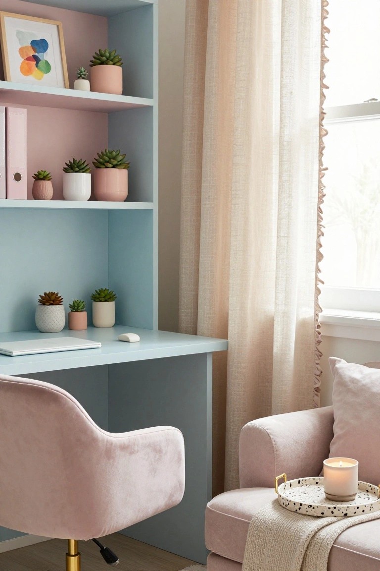 Pastel blue open shelving unit above a matching desk holds multiple potted succulents in pink, white, and textured pots, with a pink velvet swivel chair nearby and sheer curtains at the window.