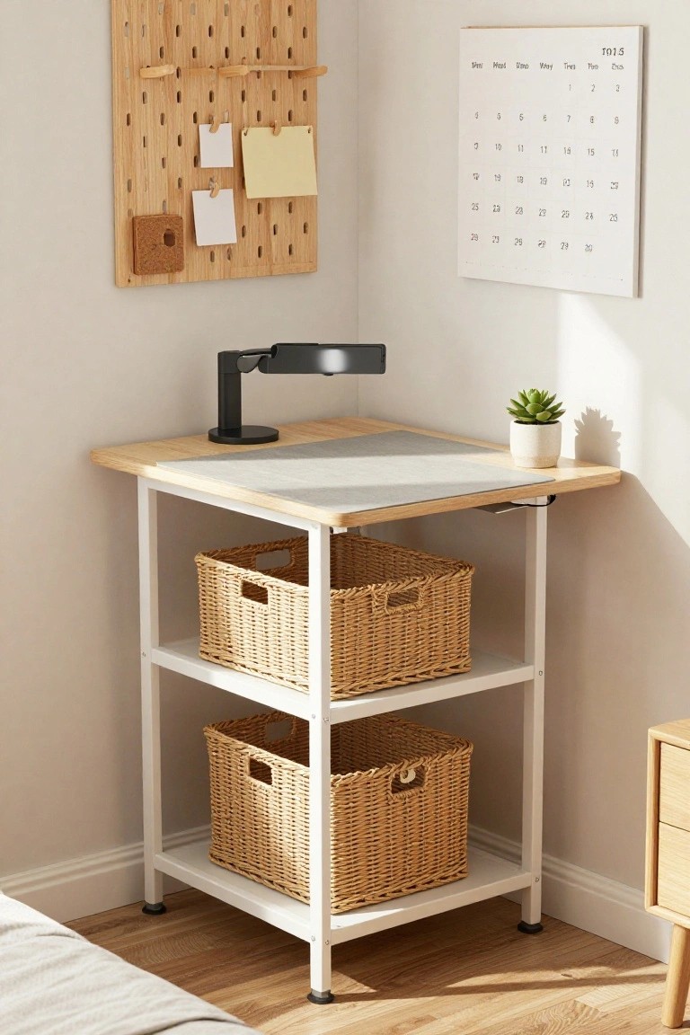 A compact white metal corner desk with light wood top and gray mouse pad, open shelves below holding stacked beige wicker baskets, a black adjustable desk lamp, small potted succulent plant, and wooden pegboard wall with calendar and sticky notes in a beige room with wood floor.