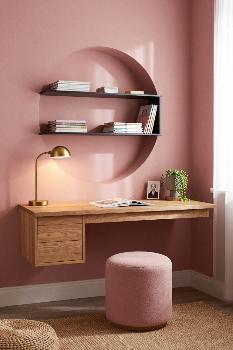 Blush pink room with arched wall niche holding black floating shelves stocked with books above a floating oak desk with drawers, gold desk lamp lit, string of pearls plant in gray pot, small photo frame, pink fabric pouf stool, seagrass rug, and woven floor pouf.
