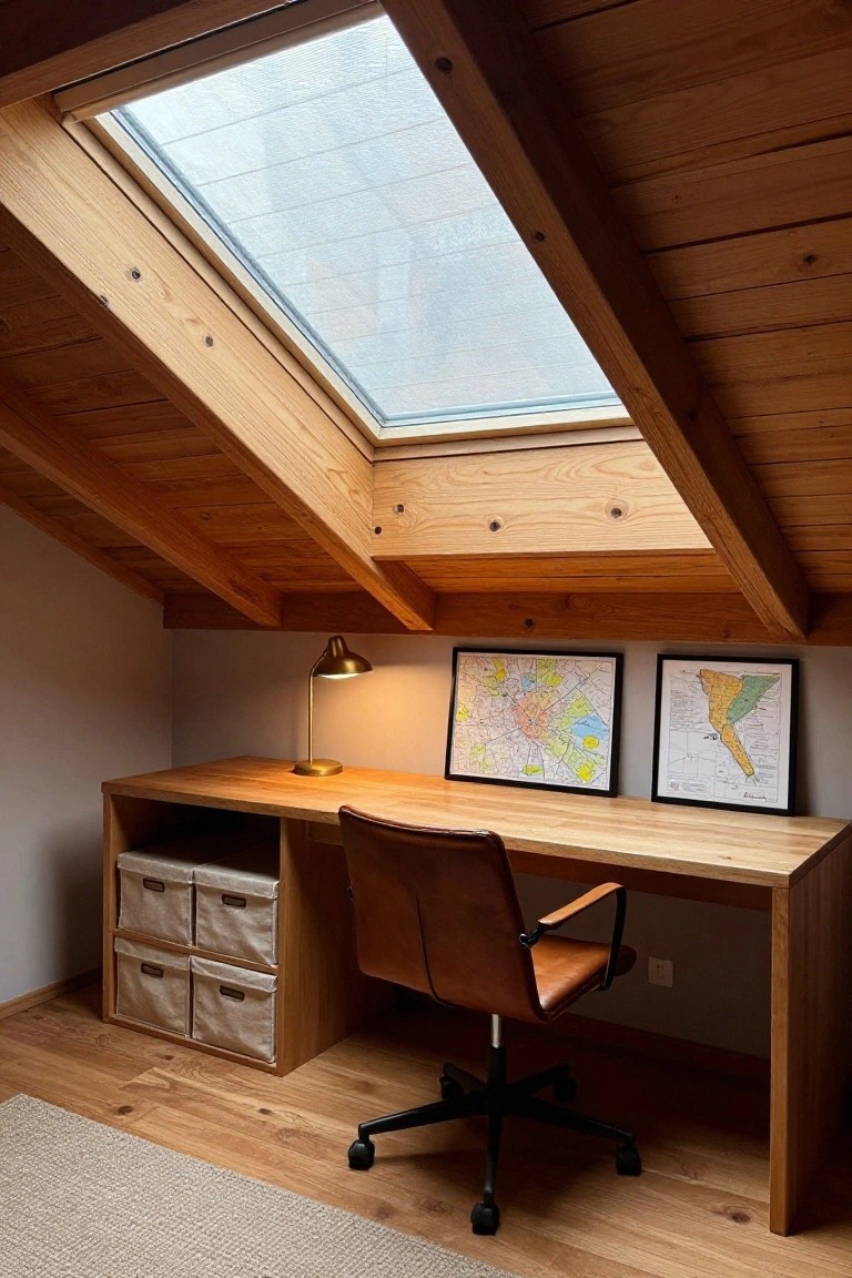 Attic home office with sloped wooden ceilings and skylight, wooden desk with leather office chair, fabric storage bins, brass desk lamp, and two framed maps on white wall.