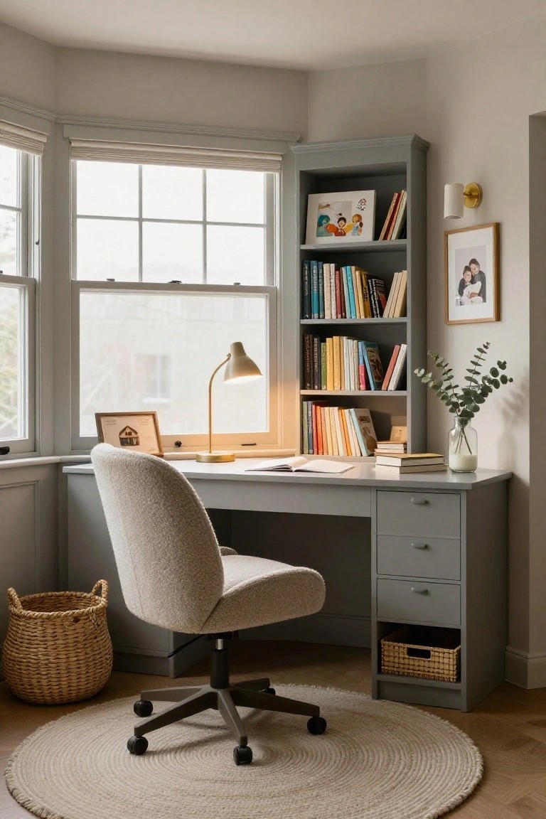 A cream upholstered swivel chair at a light gray corner desk with integrated open shelves stocked with books and a woven basket below, beside large windows with blinds in a neutral-toned room.