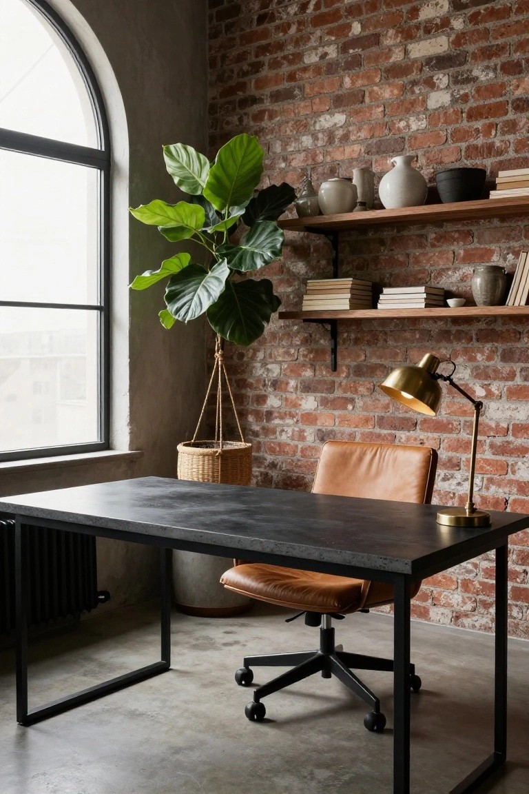 Home office corner with exposed brick wall, wooden floating shelves holding books, pottery, and plants, large potted fiddle leaf fig plant, black metal desk, tan leather swivel chair on wheels, brass desk lamp, arched window, and concrete floor.