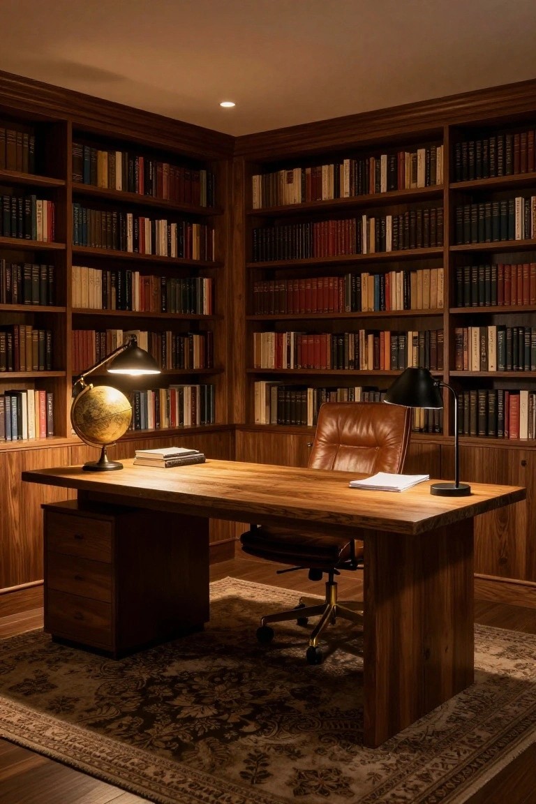 A corner wood-paneled home office with floor-to-ceiling bookshelves filled with books, a wooden desk holding papers and books, a leather office chair, a globe, and two adjustable desk lamps on a patterned rug.