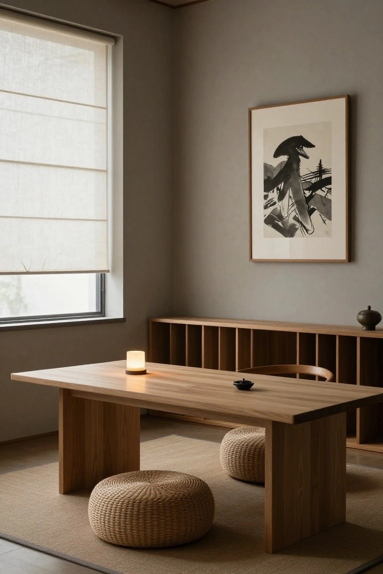 Minimalist interior room with a low rectangular oak table centered on a beige rug, holding a white candle lamp and black ceramic bowl, flanked by two woven beige floor poufs, wooden shelving unit nearby, framed abstract ink artwork on wall, and sheer roller blinds on window.