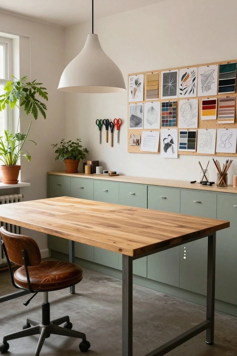 Home office with sage green lower cabinets along one wall, light oak desk and brown leather chair, potted plants on shelves and floor, and corkboard wall displaying sketches, fabric swatches, and color samples.