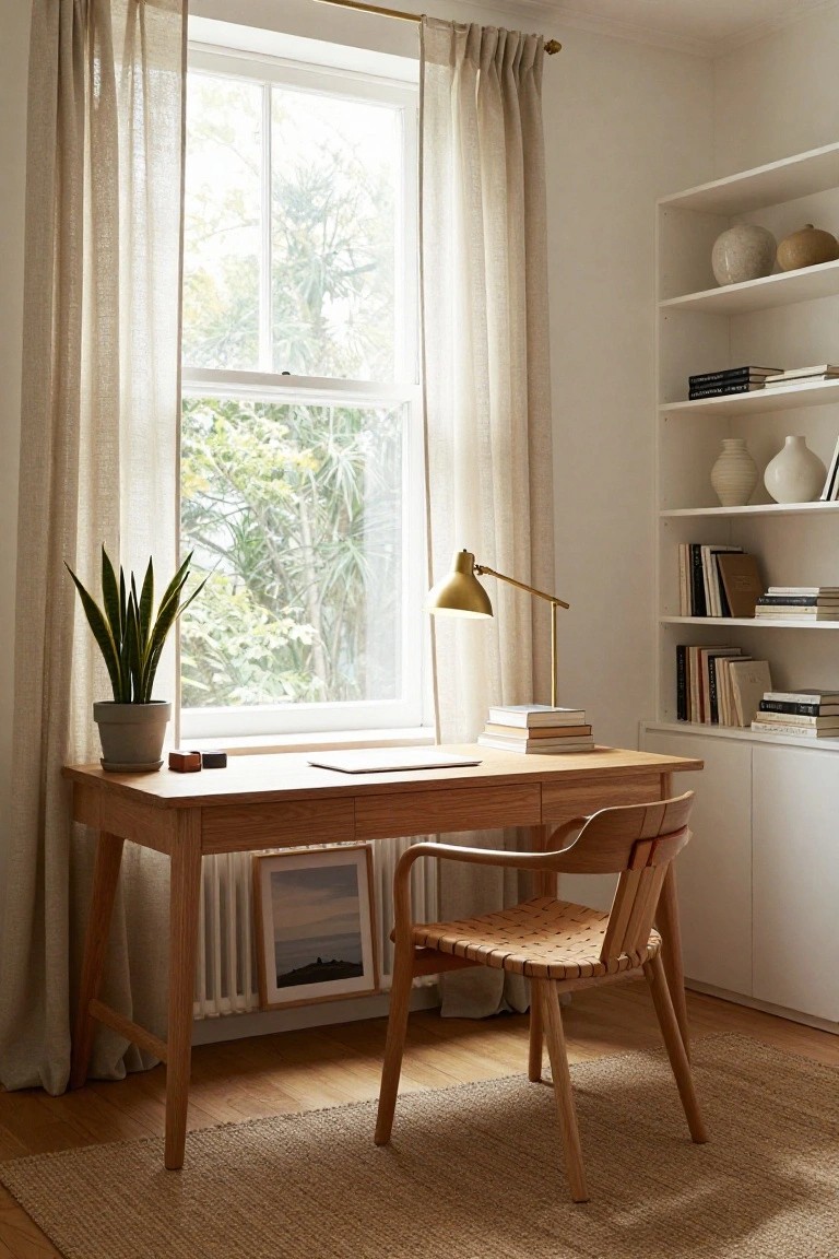 Wooden desk with stacked books, a desk lamp, and a rattan chair positioned next to a large window with sheer curtains in a white room featuring bookshelves and potted plants.