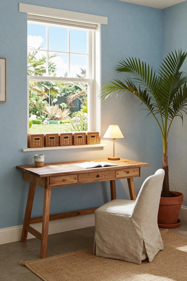 Light blue home office corner with wooden trestle desk, open notebook, ceramic mug, desk lamp, wicker baskets on windowsill, potted palm plant beside linen-covered chair, and garden view through large window.