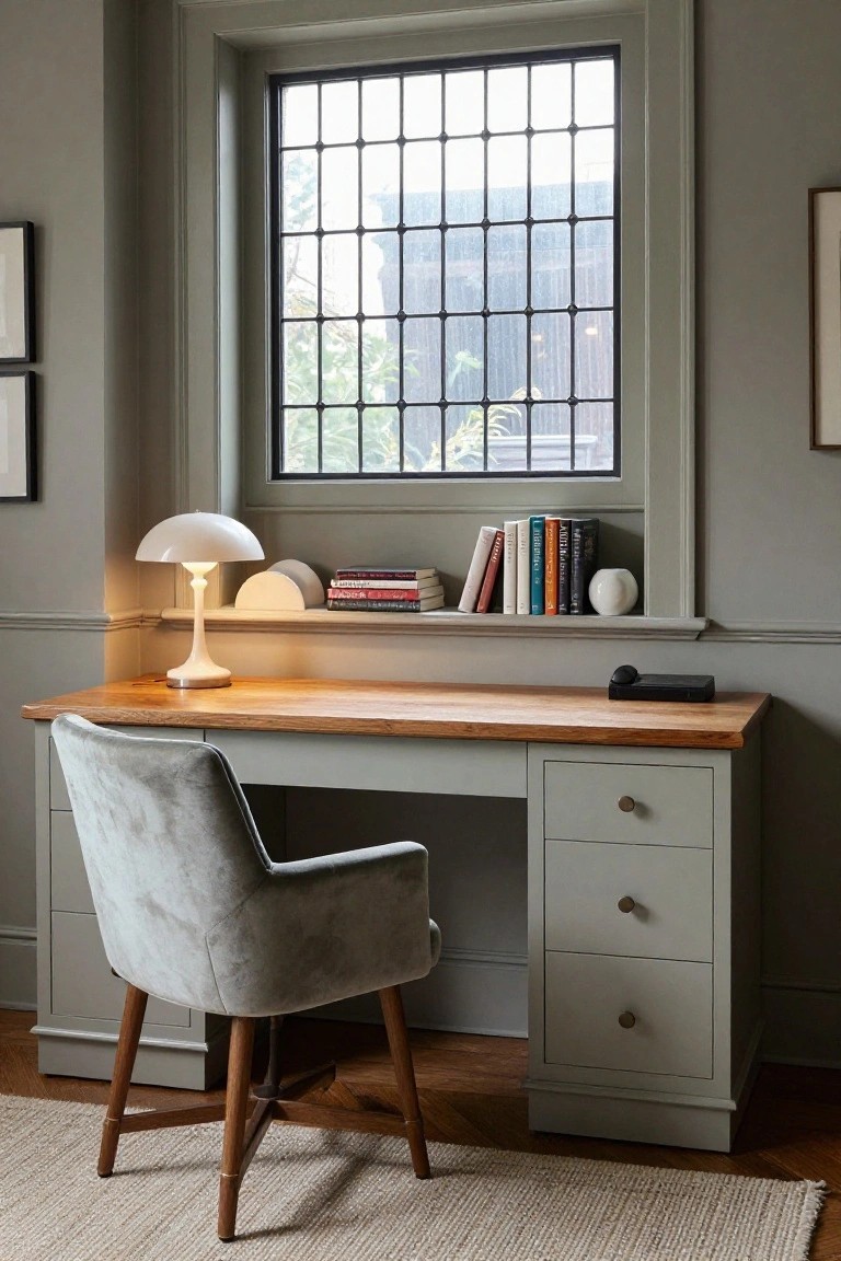 Gray wooden desk with velvet chair in room corner below tall black-grid window, built-in shelf above desk holding books lamp and ceramics, neutral walls wood floor and rug.