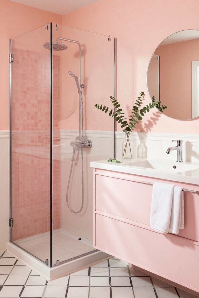 Bathroom featuring soft blush pink walls and vanity with glass shower enclosure