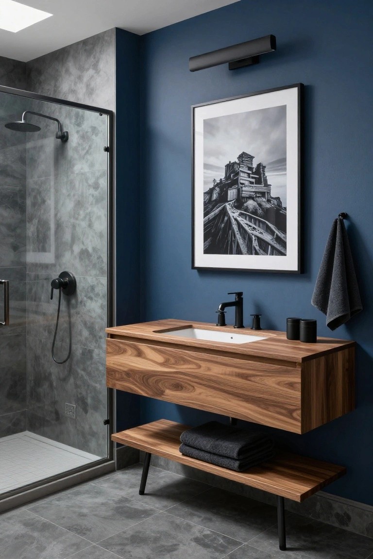 Bathroom with deep navy walls, floating wood vanity, and glass shower.