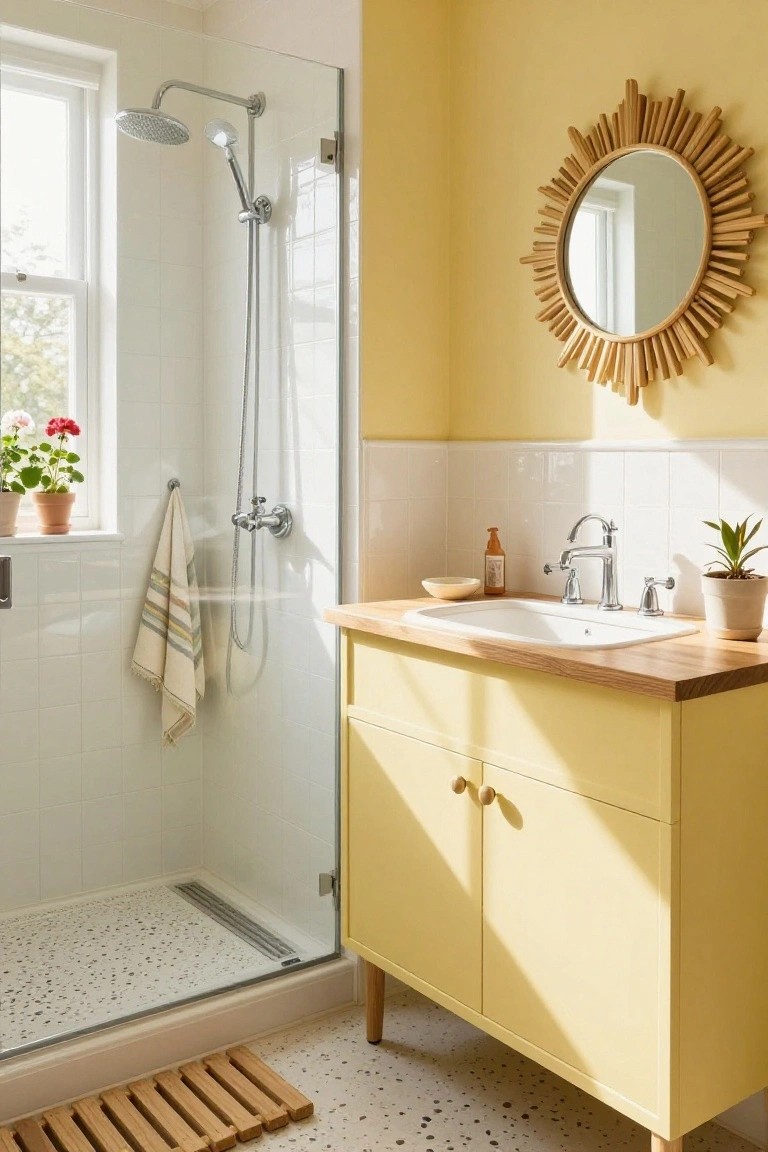 Bathroom featuring pale yellow upper walls with white tile shower and wood vanity.
