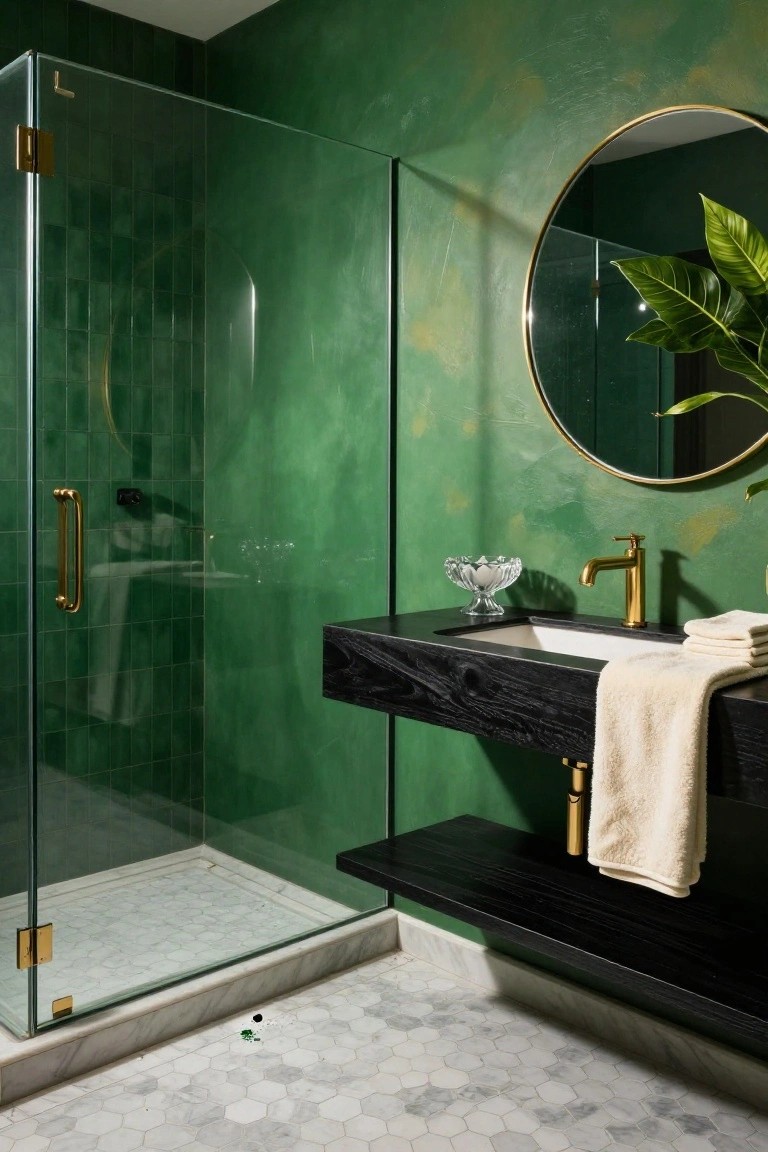 Bathroom with deep textured green walls, black floating vanity, and gold fixtures.