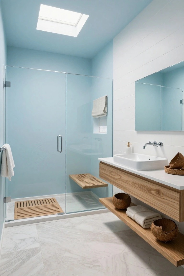 Light blue painted walls in a compact bathroom with wood vanity and glass shower.