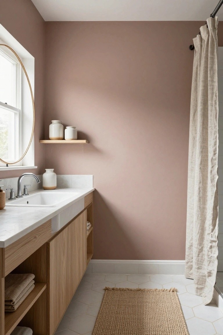Bathroom with soft blush pink walls, oak vanity, and white farmhouse sink.